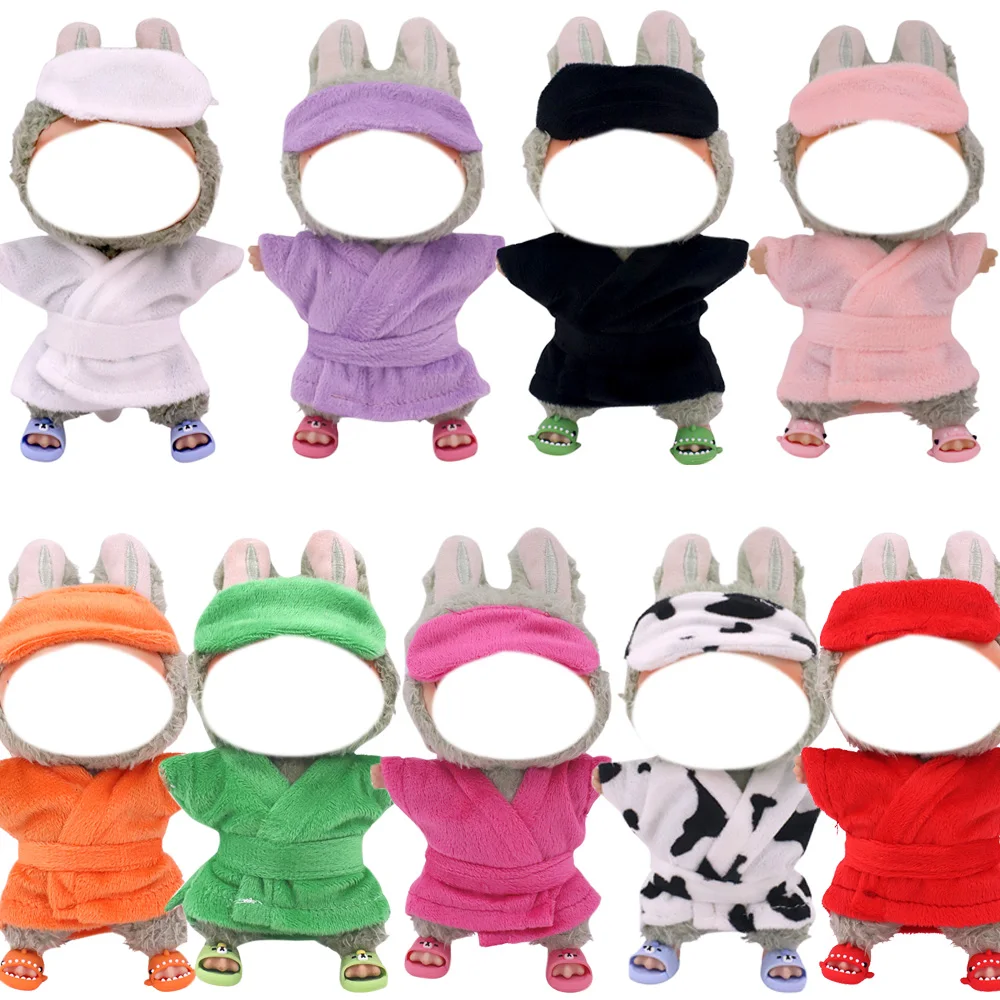 17CM Plush Doll Sleeprobe Set,4Pcs=Eye Mask+Nightgown+Belt+Slippers,For labubu Clothes Household Clothes,Christmas Gift,Girl Toy