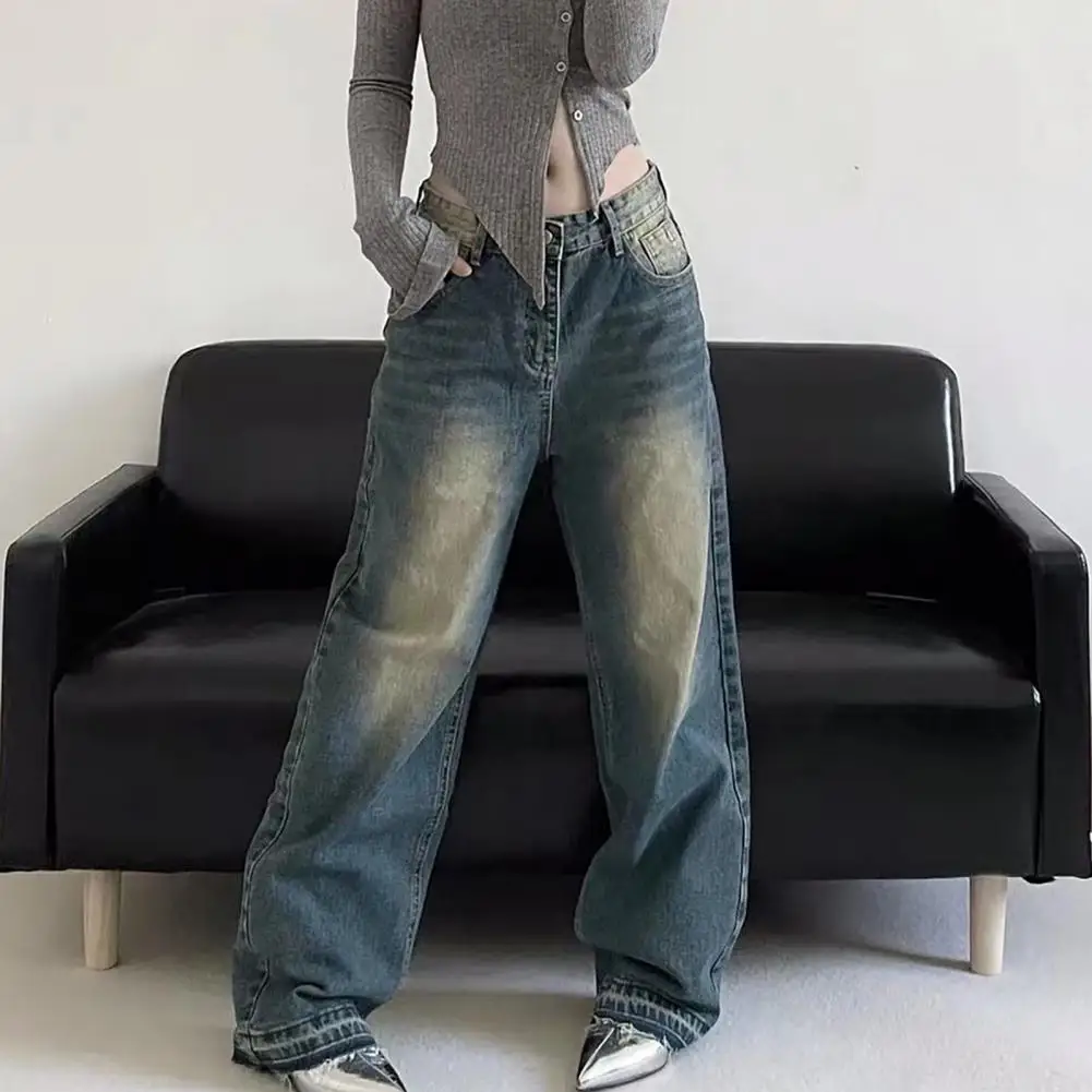 Men Retro Jeans Vintage Men's Wide Leg Denim Pants With Ripped Holes Hop Style Retro Jeans Streetwear Trousers For Wear