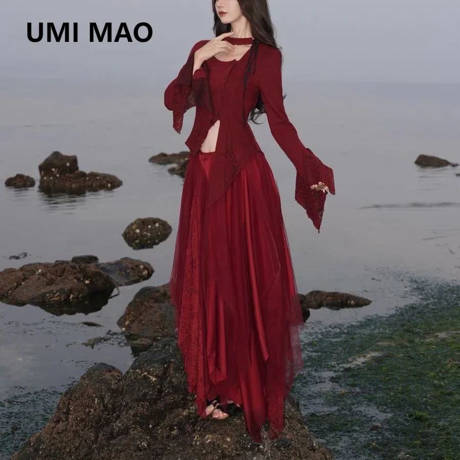 UMI MAO Dark Red Lace Spliced Mesh Pointed Yarn Skirt Clothing Spring Autumn Irregular Half Skirt Femme