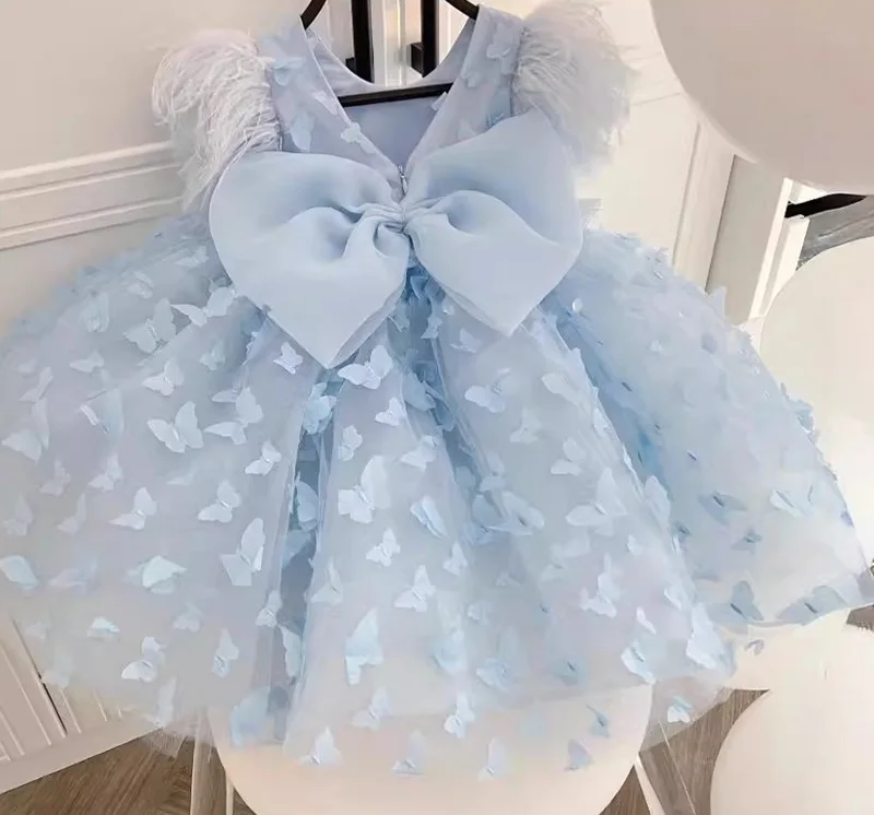 Baby Girl Princess Butterfly Lace Tutu Dress Feather Sleeve Child Gauze Tulle Vestido Bow Party Birthday Baby Clothes 1-12Y