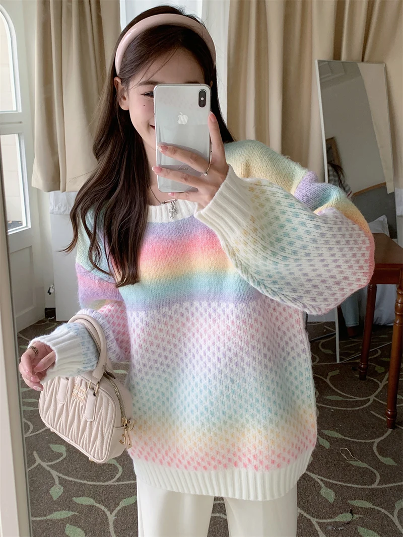 

Dopamine Collar Knit Sweaters Women Oversized Rainbow Striped Preppy Korean Casual Pullovers Knitwear Streetwear Patchwork Jumpe