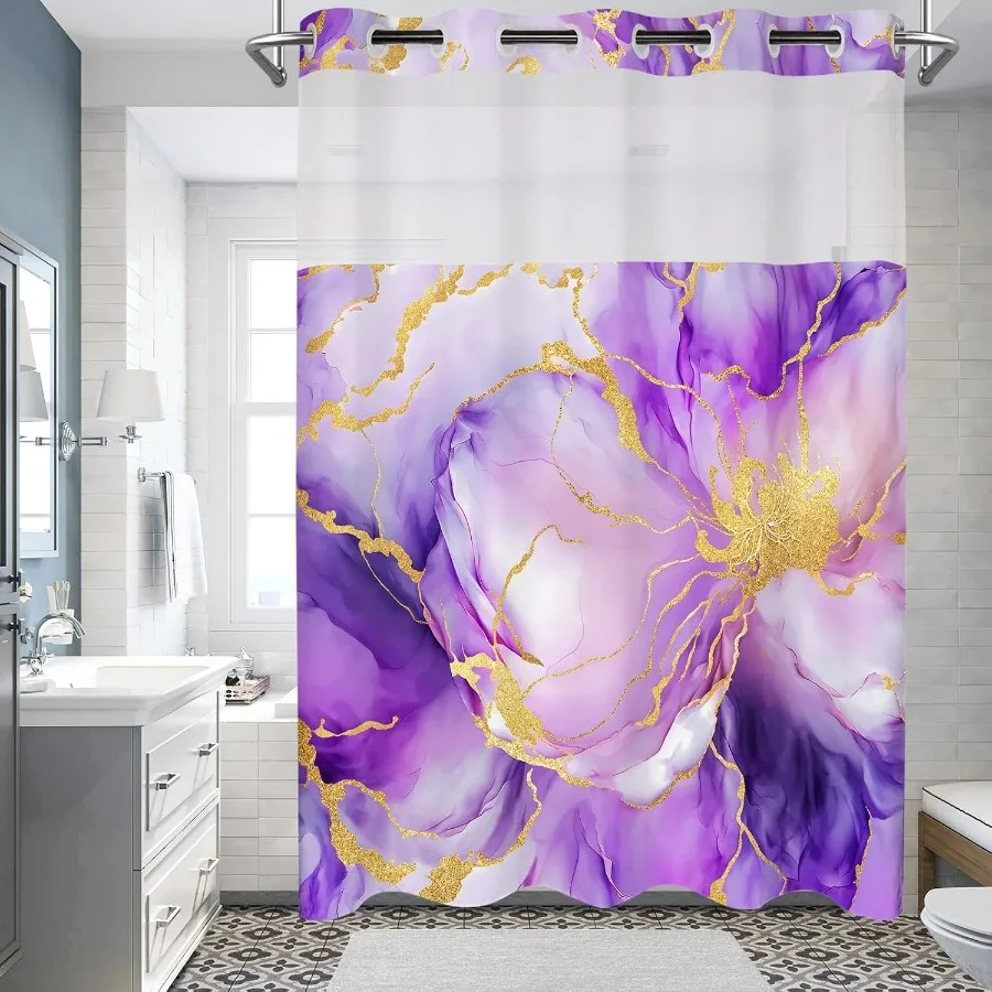 

Элегантная занавеска для душа из фиолетовой и золотой мраморной ткани с цветочным принтом и набором застежек для использования в ванной и отеле, 71x74 дюймов Premi
