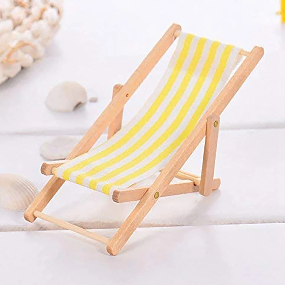FBIL-3Pcs 1:12 كرسي شاطئ خشبي مصغر قابل للطي كرسي صغير للسطح كرسي طويل للسطح مع ملحقات بيت الدمى شريطية