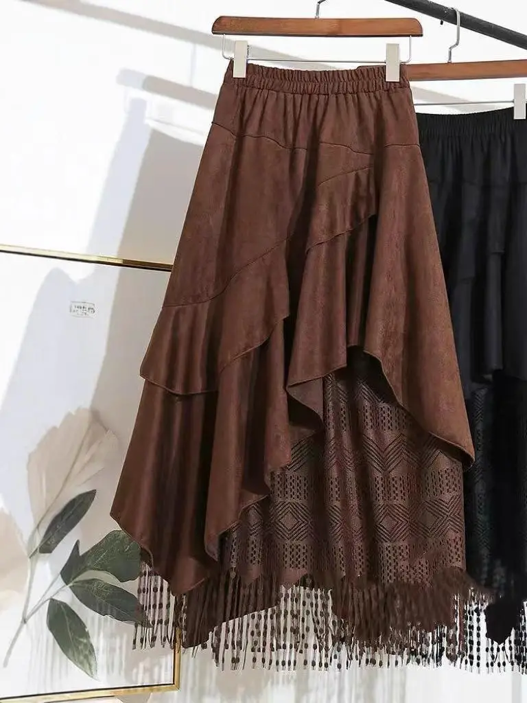 Retro Velvet Lace Splicing Midi Skirt Women's Autumn Winter New Irregular Hemline Half Skirt Polyester Fabric Gathered Skirt