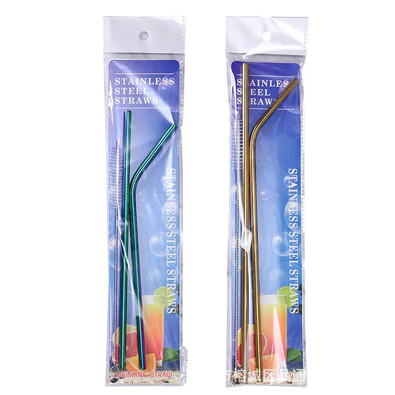 304 stainless steel straw set titanium plated cocktail milk tea metal iron straw elbow tube paper card packaging