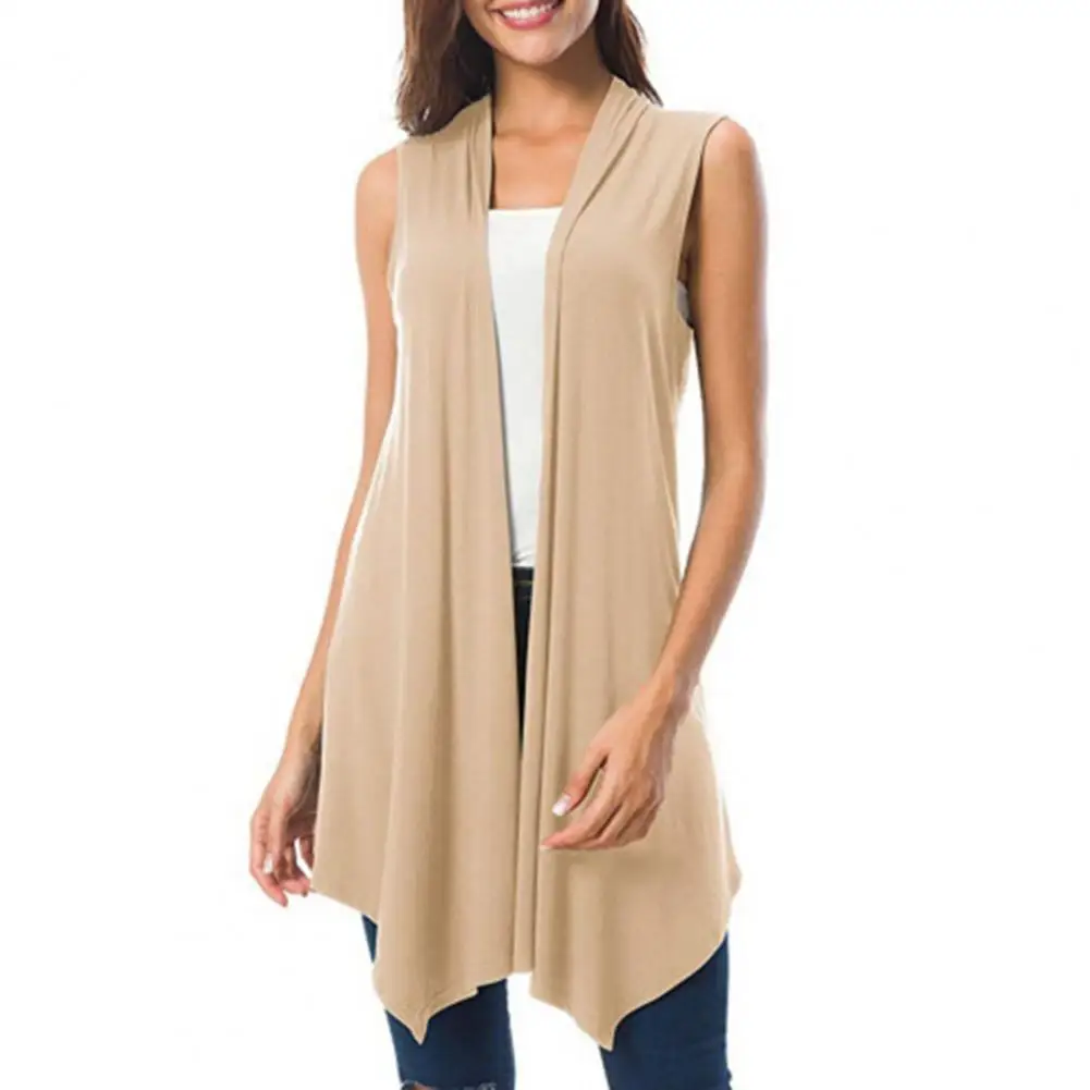 

Women Jackets Vests Sleeveless Cardigan Vest Summer Solid Open Front Draped Mid-length Asymmetric Hem Waistcoat Lightweight Coat