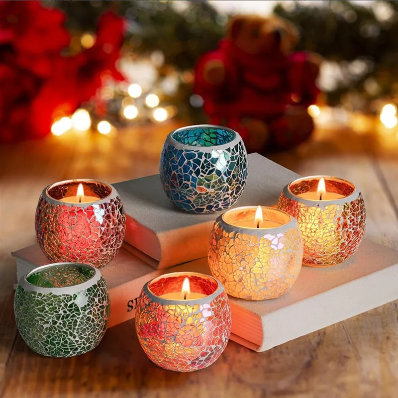 Mosaic Glass Tea Light Candle Holder,Handmade Romantic for Aromatherapy,Party Décor,Used as Vase,Pen Holder,Potted Plants Bowl