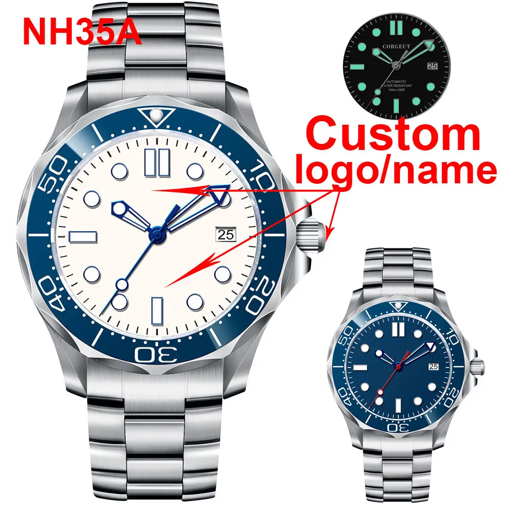 41mm New Corgeut Men's Custom DIY Wristwatches  Japan NH35 Clock Automatic Watch For Men Luminous Diving Steel Watch