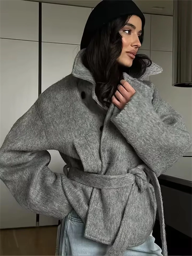 

Chic Solid Wide Shoulder Lace Up Woolen Jacket Fashion Lapel Collar Single Breasted Loose Warm Outerwear Daily Commuting Coat