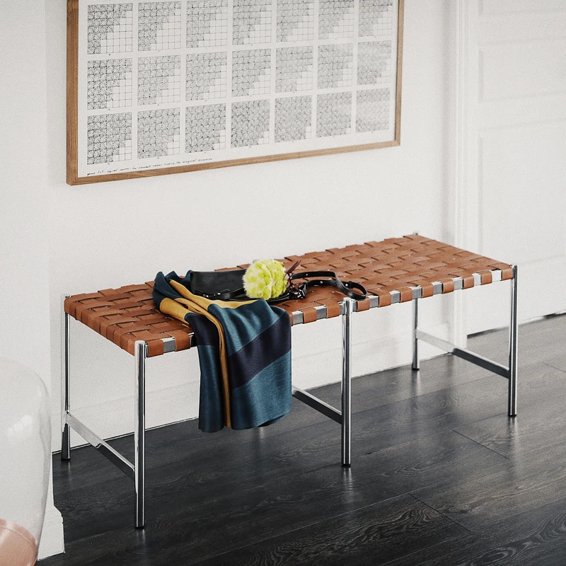 Taburete de cuero para zapatos de estilo nórdico Bauhaus, taburete Simple para extremo de cama, banco de hierro para habitación, Banqueta, muebles para el hogar TYLB