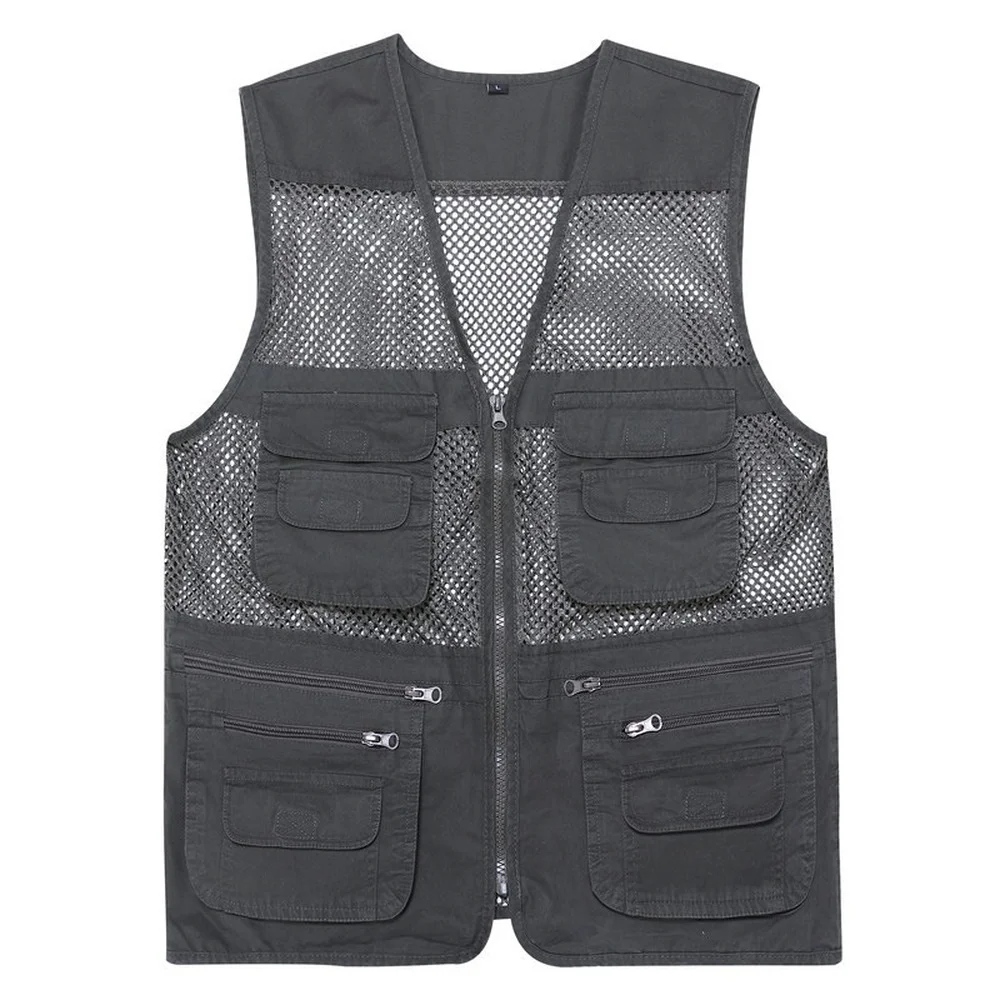 Veste ample en coton pour homme, gilet sans manches, col en v, fermeture éclair, maille, avec de nombreuses poches, printemps été