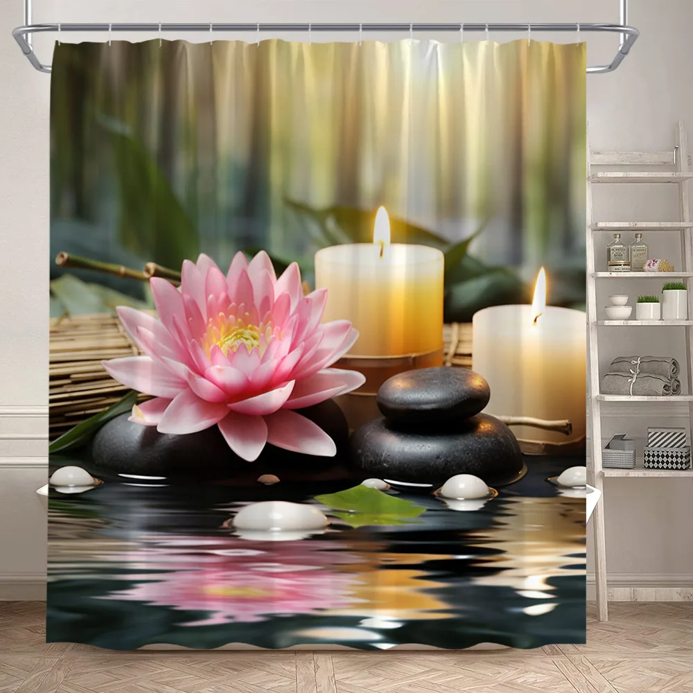 Zen Green Bamboo Shower Curtains Purple Orchid Lotus Black Stone Flowers Plant Spa Scenery Polyester Home Bathroom Curtain Decor