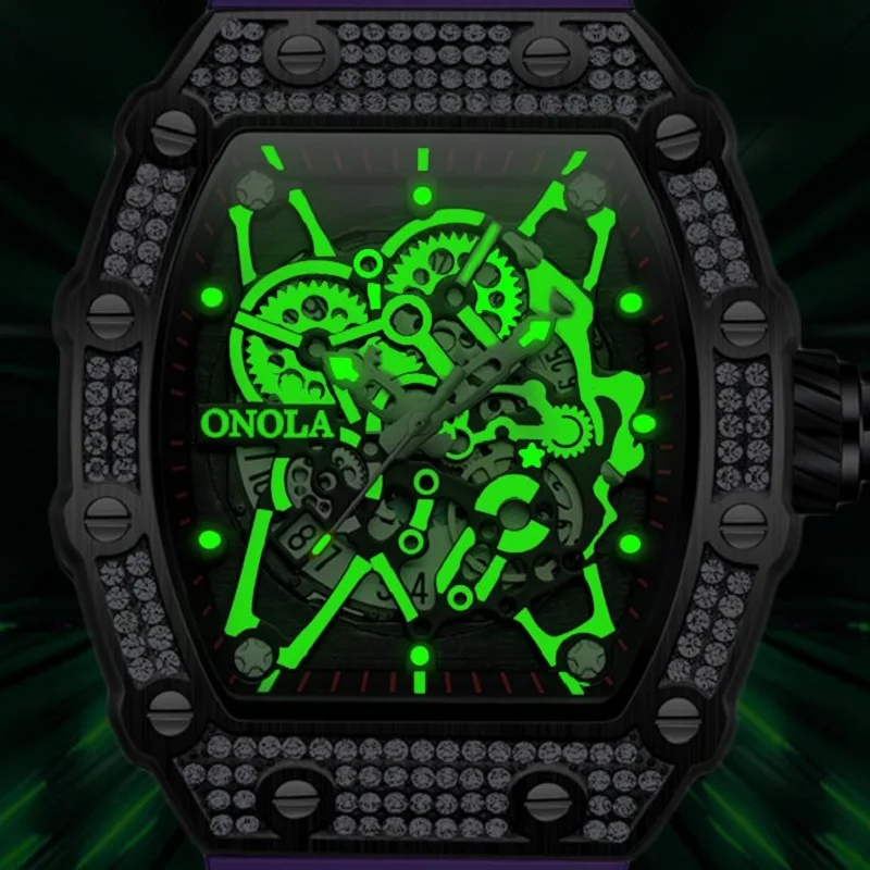 Imagem -05 - Onola Moda Relógio para Homem Data Automática Esportes Pulseira de Silicone Tonneau Relógio de Pulso de Quartzo de Diamante Gelado Reloj Dropshipping