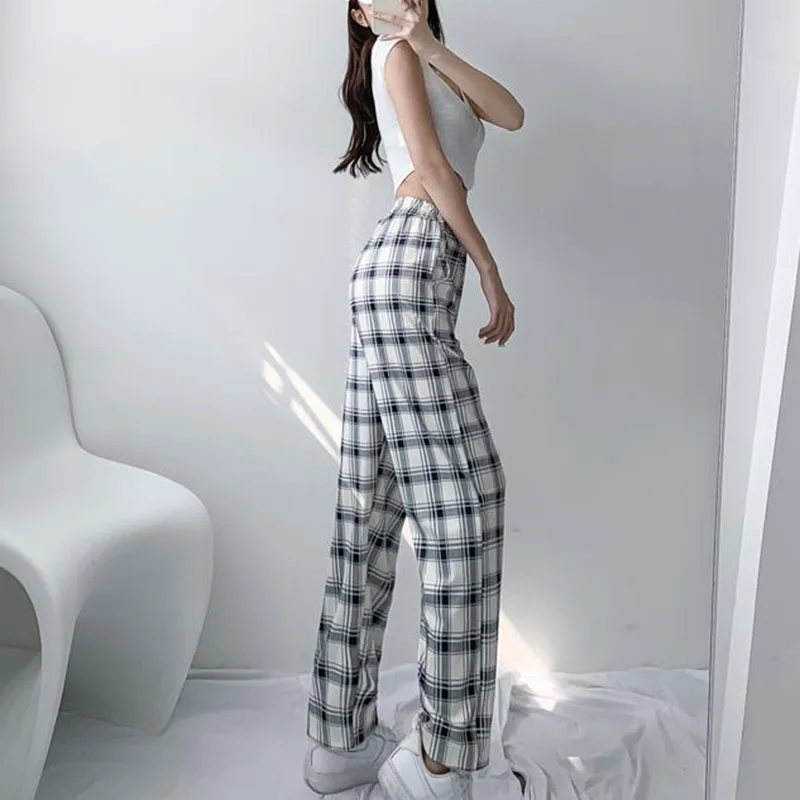 Zoki Harajuku High Waist Black White Plaid Pants Women Oversize 4Xl Loose Wide Leg Pants All Match Casual Jogging Trousers
