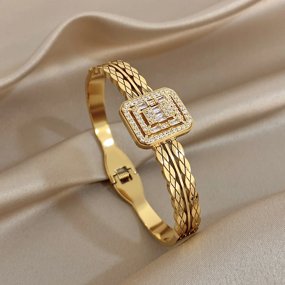 Luxury Square Hollow Geometric Zircon Stainless Steel Bracelet for Women Zircon Golden Waterproof Spring Bangle Festival Jewelry