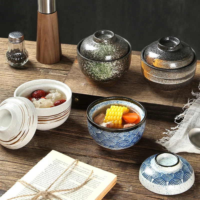 LMM Ceramic Stew Cup with Cover Bowl Dessert Steamed Egg Jar Household Restaurant Stew Bowl Nest Cup