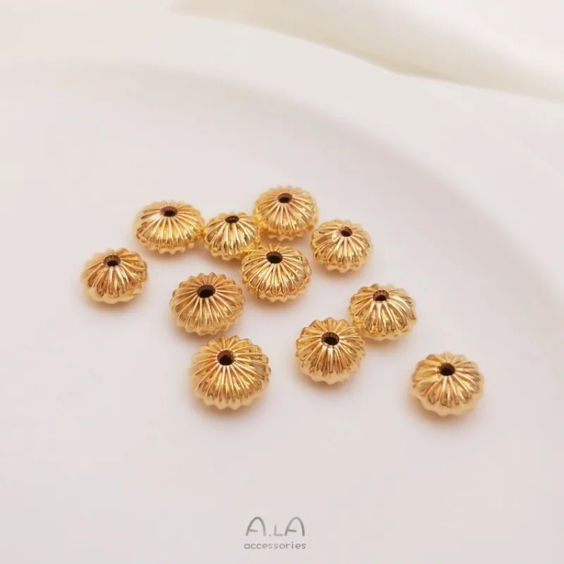 Bead Wholesale 14K Gold Color Wrinkled Skin Striped Flying Saucer Pumpkin Beads DIY Beaded Bracelet Necklace Jewelry Accessories