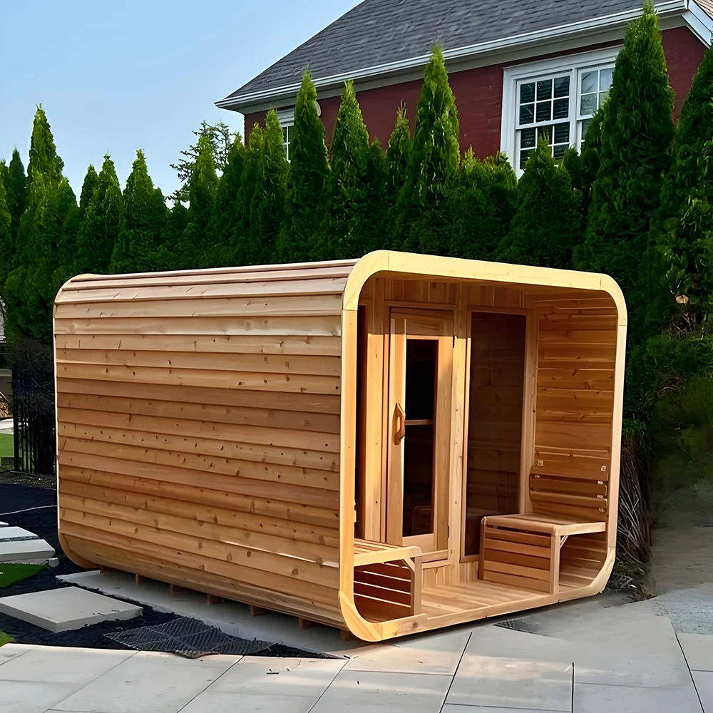 New Design Modern 6 Person Electric Outdoor Red Cedar Wet Steam Cube Sauna Room with Sauna Stove and Control Panel