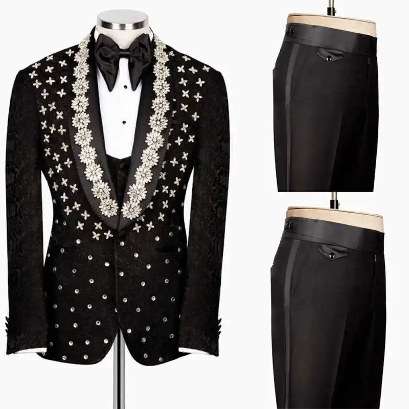 

Sparkly Wedding Suits 2 Pcs Jacket Pants For Groom Shawl Lapel Single Breasted Crystal Men Tuxedos Party Prom Customized