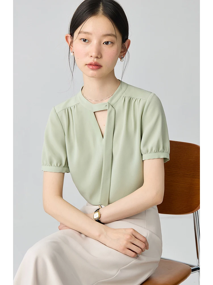 ZIQIAO Women Summer Commuter Sets Hollow Neck Design Female Short Sleeve Blouses Spilt Long Black Skirts 24ZQ92272+24ZQ92271