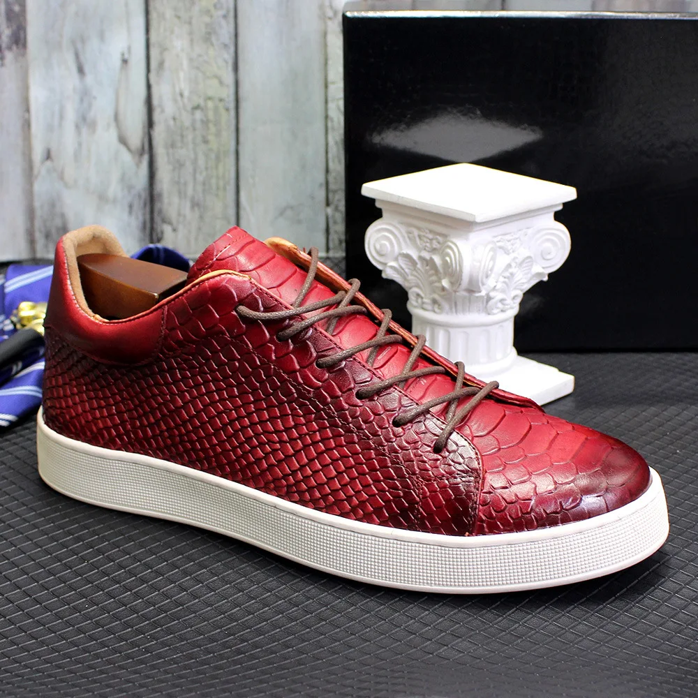 YETTIES Men's Casual Derby Shoes Real Cow Leather Handmade Classic Lace-Up Snake Pattern Fashion Sneakers for Street Shopping