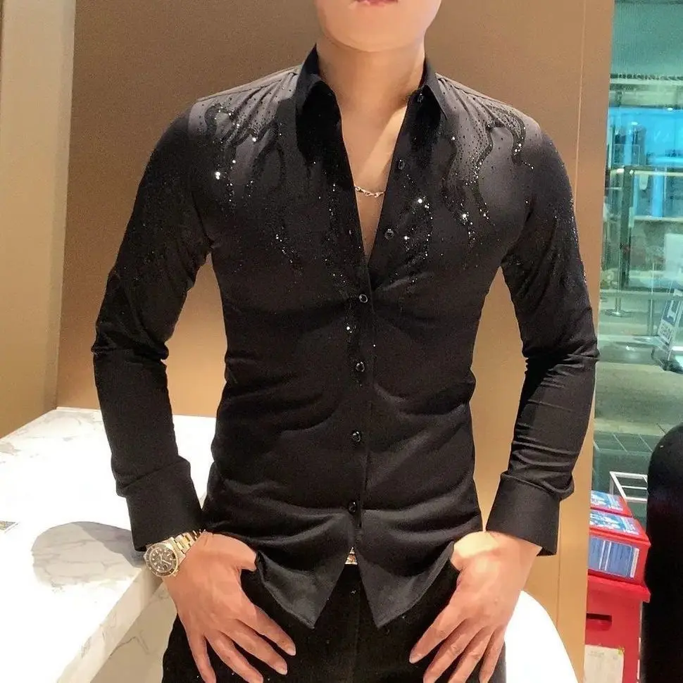 Men's Rhinestone Long Sleeve Shirt Spring Summer Thin Casual Fashion Top