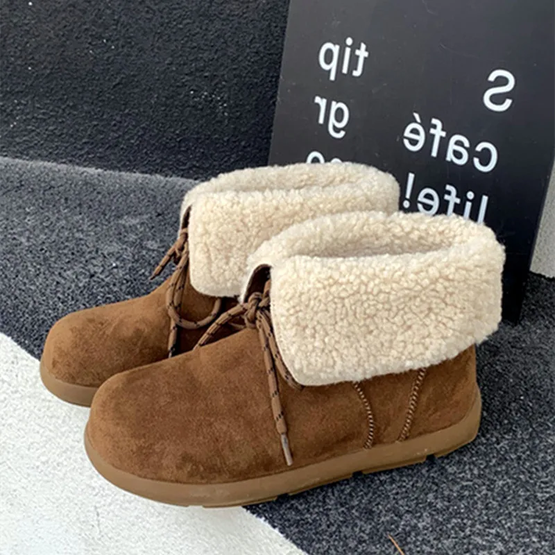 Winter Faux Suede Warm Snow Boots for Women Comfort Plush Turn-Up Design Lace-Up Ankle Boots Ladies Light Non-Slip Winter Flats