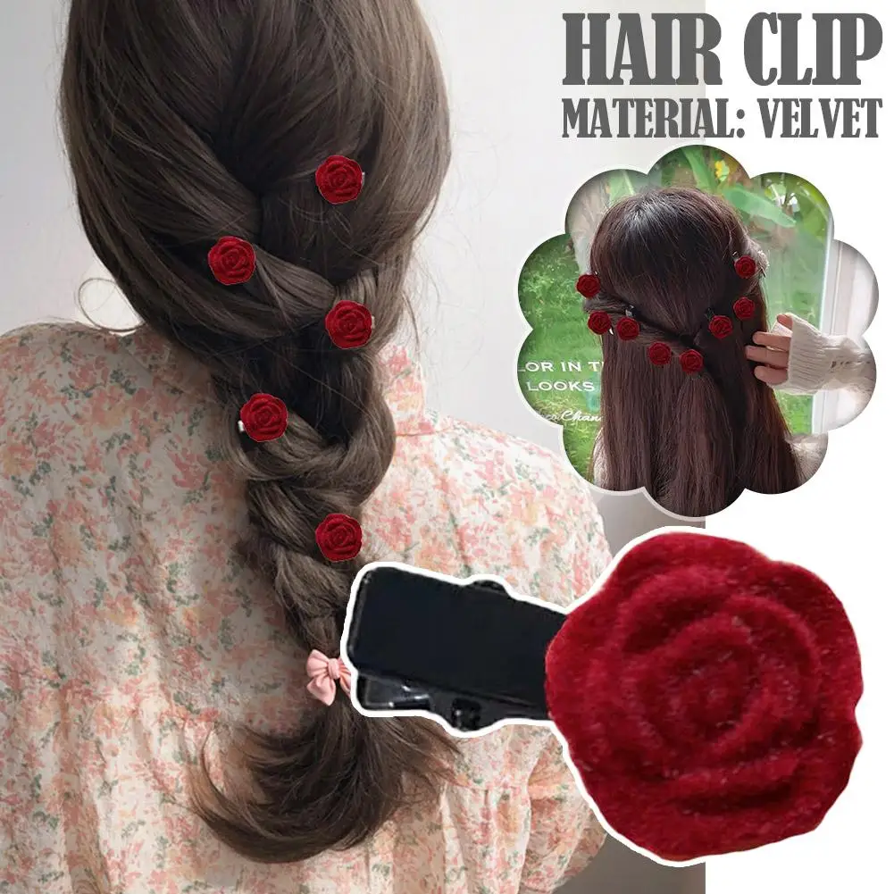 Cute Red Velvet Rose Hair Clips Flower Hairpins For Women Girls Decorative Small Flower Bridal Hairpins Floral Brooch Hair Z2W1