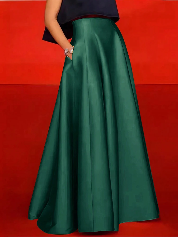Elegant Satin A-line Long Skirts for Women High Quality Smooth Party Maxi Skirt with Pockets Y2K Lady Solid Women's Skirts