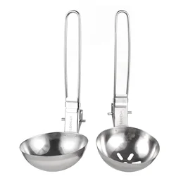 2Pcs Stainless Steel Skimmer Slotted Spoon and Soup Ladle Long Handle Serving Utensil Collapsible Camping Cutlery