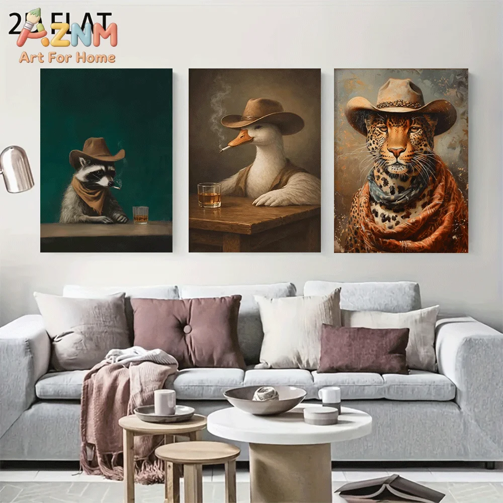 AZNM Frameless Canvas Wall Art, Retro Western Cowboy Animals Raccoon Duck Leopard Portrait Print, Cool Vintage Wall Decor for Li