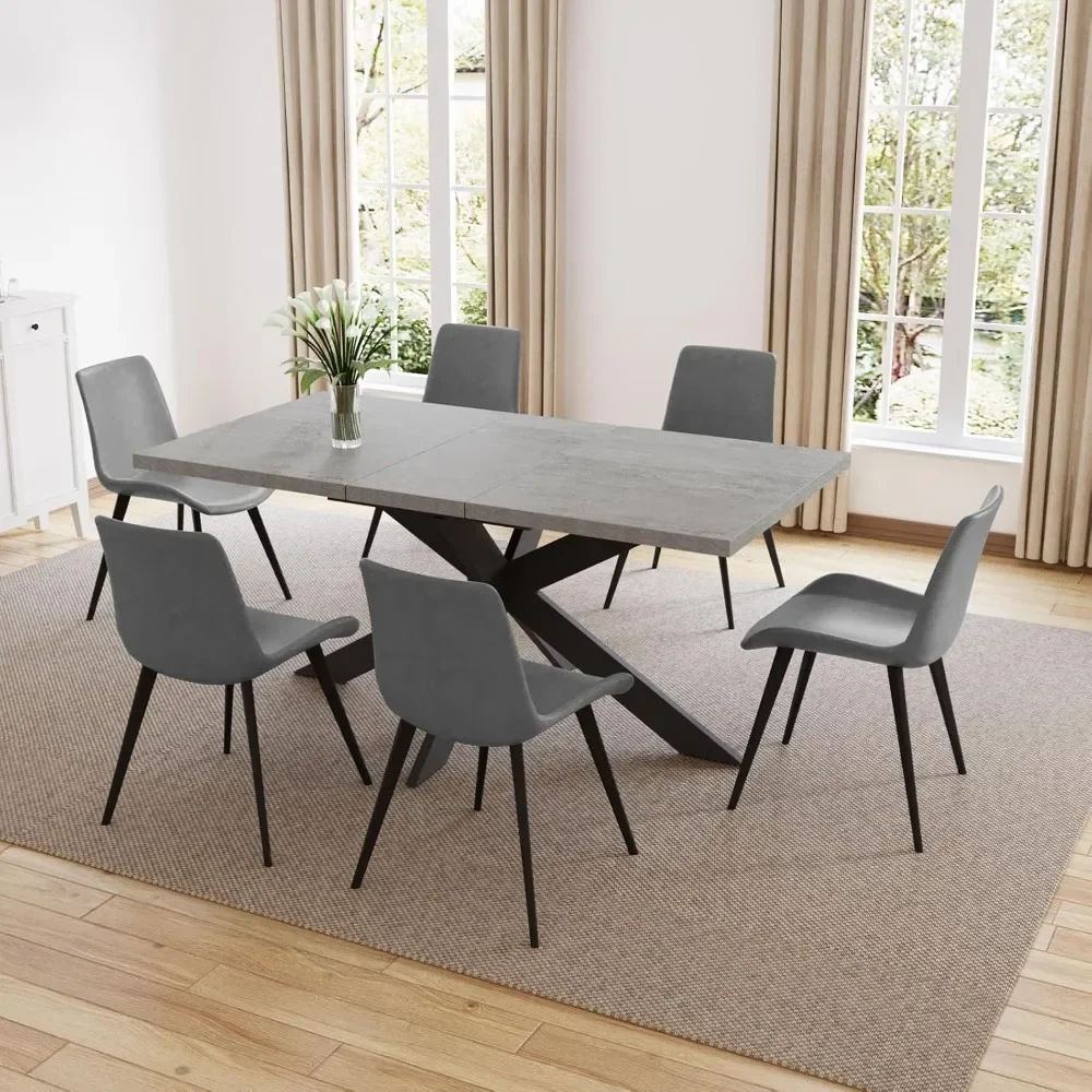 Conjunto de mesa de jantar para 6, 67 "mesa de jantar moderna de madeira escura e cadeiras de jantar de tecido conjunto de 6, mesa e cadeiras conjunto de 6