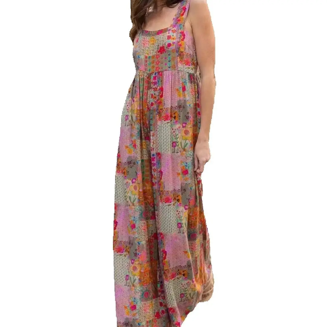 Plus Size Women Boho Floral Patchwork Jumpsuit 2026 Summer Sleeveless Wide Leg Elastic Waist Casual Beach Vacation Overalls image 5