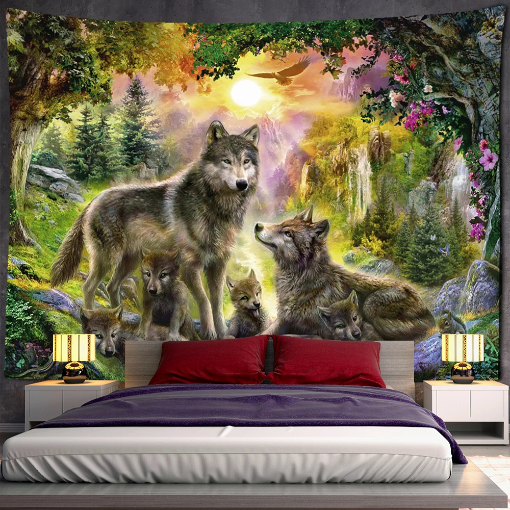 Wolves in the Forest Tapestry Wall Hanging Hippie Tapiz Animal Mystery Psychedelic Landscape Dorm Home Decor