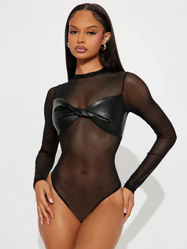 

Женский комбинезон Sister Star, модный сексуальный однотонный сетчатый комбинезон из искусственной кожи с длинными рукавами, облегающий комбинезон для вечеринок в ночном клубе для девочек