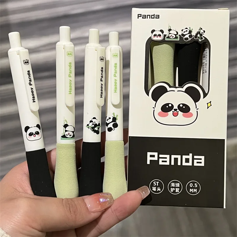 4pcs/set Cute Panda Cartoon Pen Good-looking Black Quick-dry The 0.5 Mm Carbon Pen Supersoft Sponge Press Gel Pen Pupil