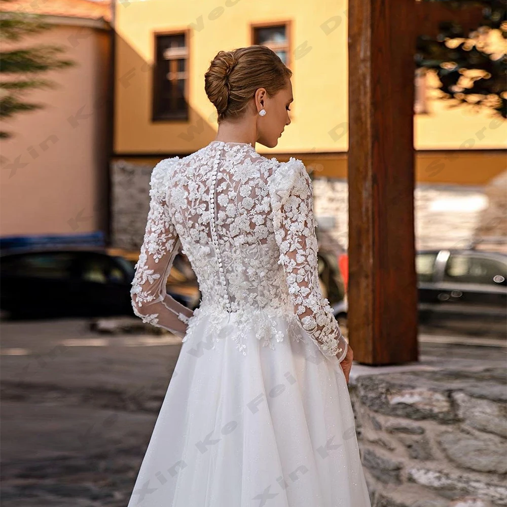 Gorgeous High Necked Women's Wedding Dresses A-Line Elegant Long Sleeved Lace 3D Decal Princess Bride Gowns Vestidos Robe 2024