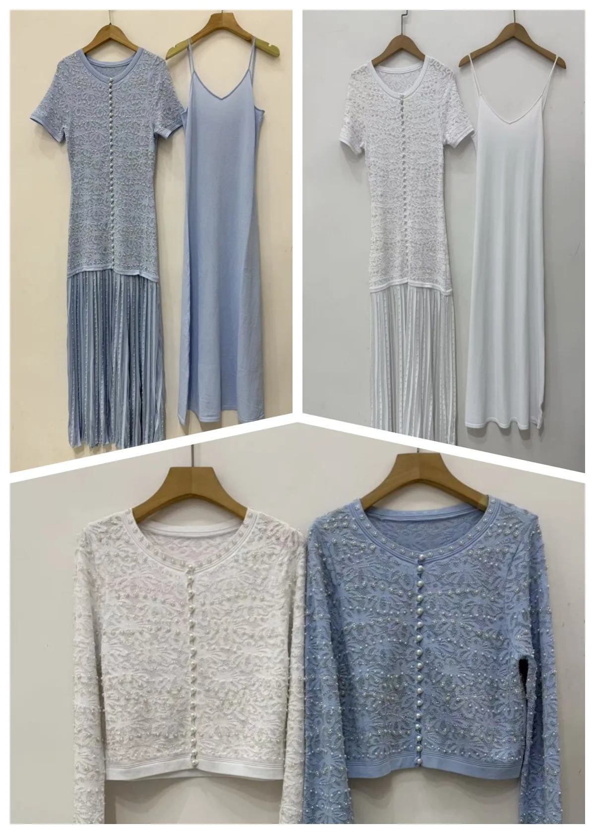 Conjunto de punto elegante para mujer con diseño floral calado, azul/blanco, cuello redondo, manga corta, túnica ajustada + cárdigan de manga larga con botonadura sencilla