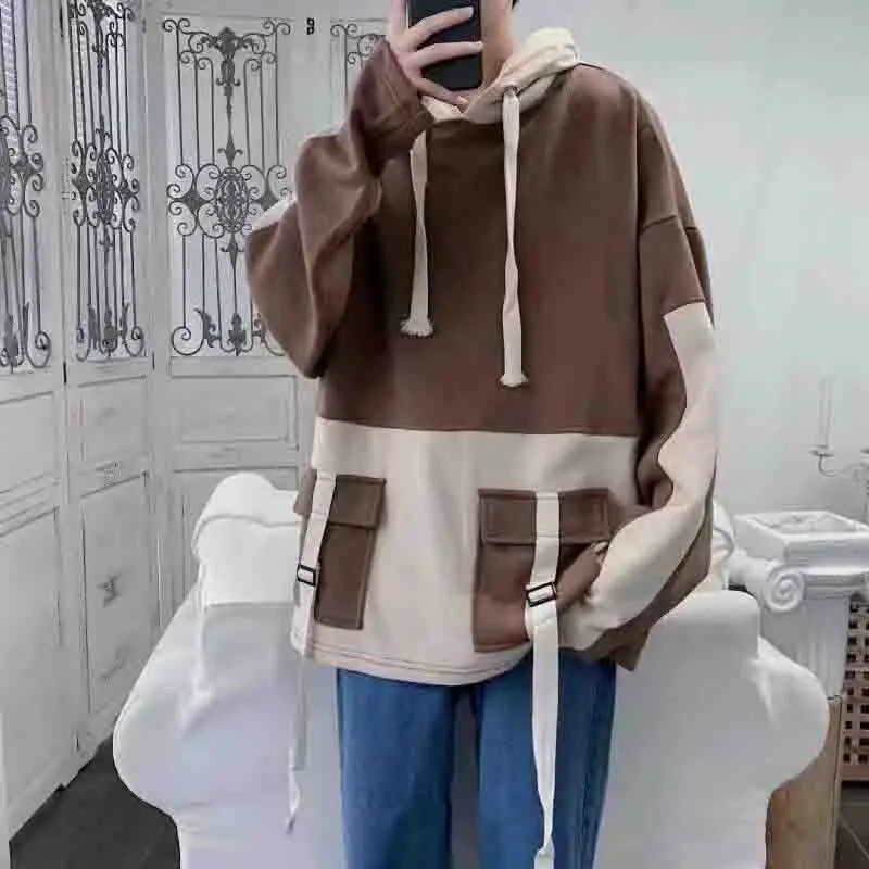 Spring Spliced Hit Color Hooded Long Sleeve Men T Shirt Student Fashion Casual Harajuku Oversized Pullover Hip Hop Punk Clothing