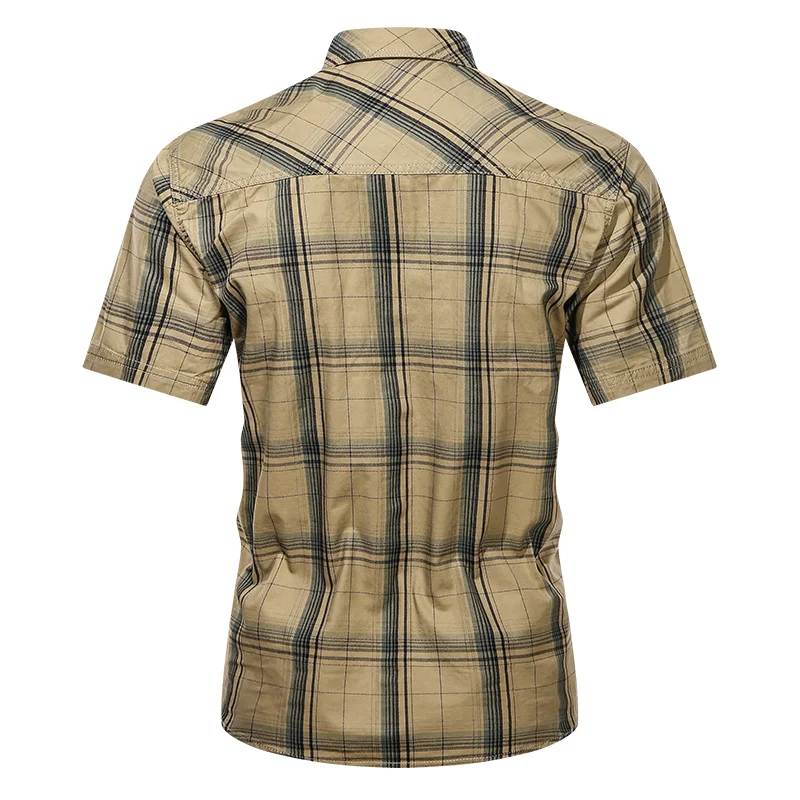 Men Lapel Shirt Plaid Printing Summer Short-sleeve Fashion Tops Casual Streetwear Male Work Shirts Green S-5XL