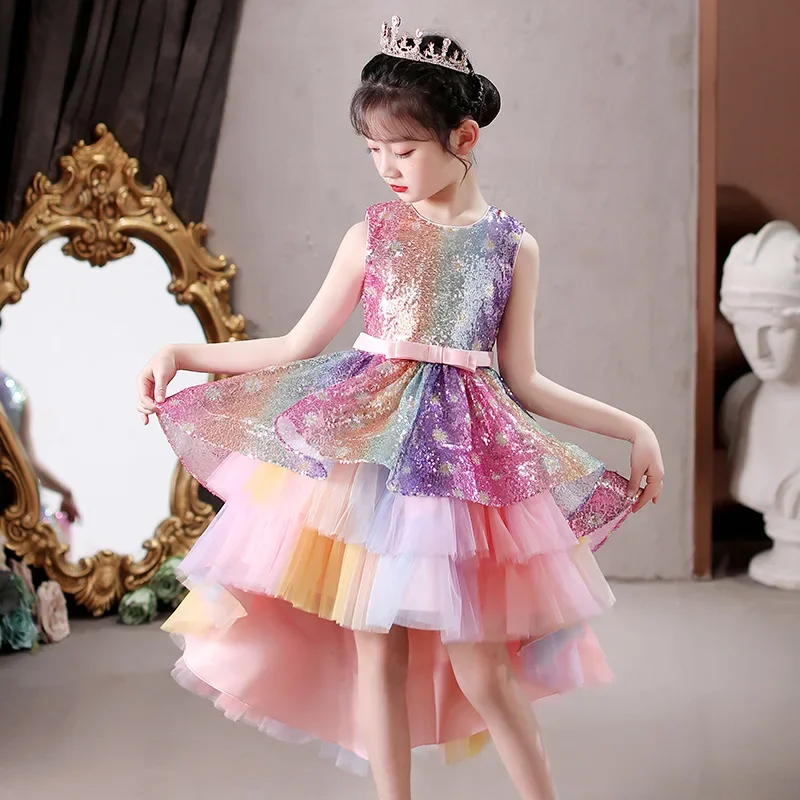 Rainbow Unicorn Pony Costume Elegant Piano Performance Dress for Kids Princess Birthday Party Gown Summer Girls Clothing