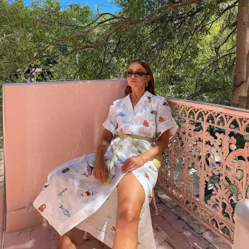 Trend 2024 Summer Fashion Print Elegant Women Lace Up Midi Dress Vintage Short Sleeves Chic Female Split Dresses Vestidos Mujer