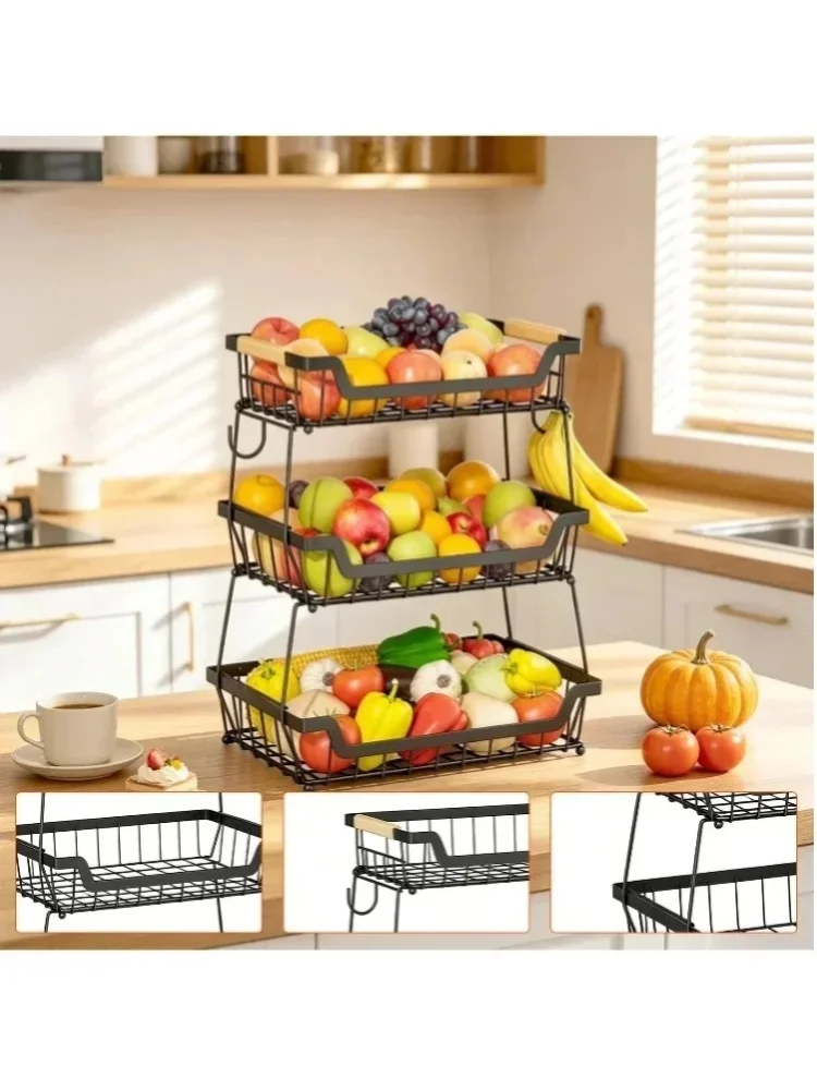 3-stöckiger, abnehmbarer Obst- und Gemüse-Aufbewahrungskorb, multifunktionaler Küchenorganizer mit zusätzlichen Seitenhaken, platzsparender, robuster Arbeitsplattenhalter für Obst und Gemüse, für den