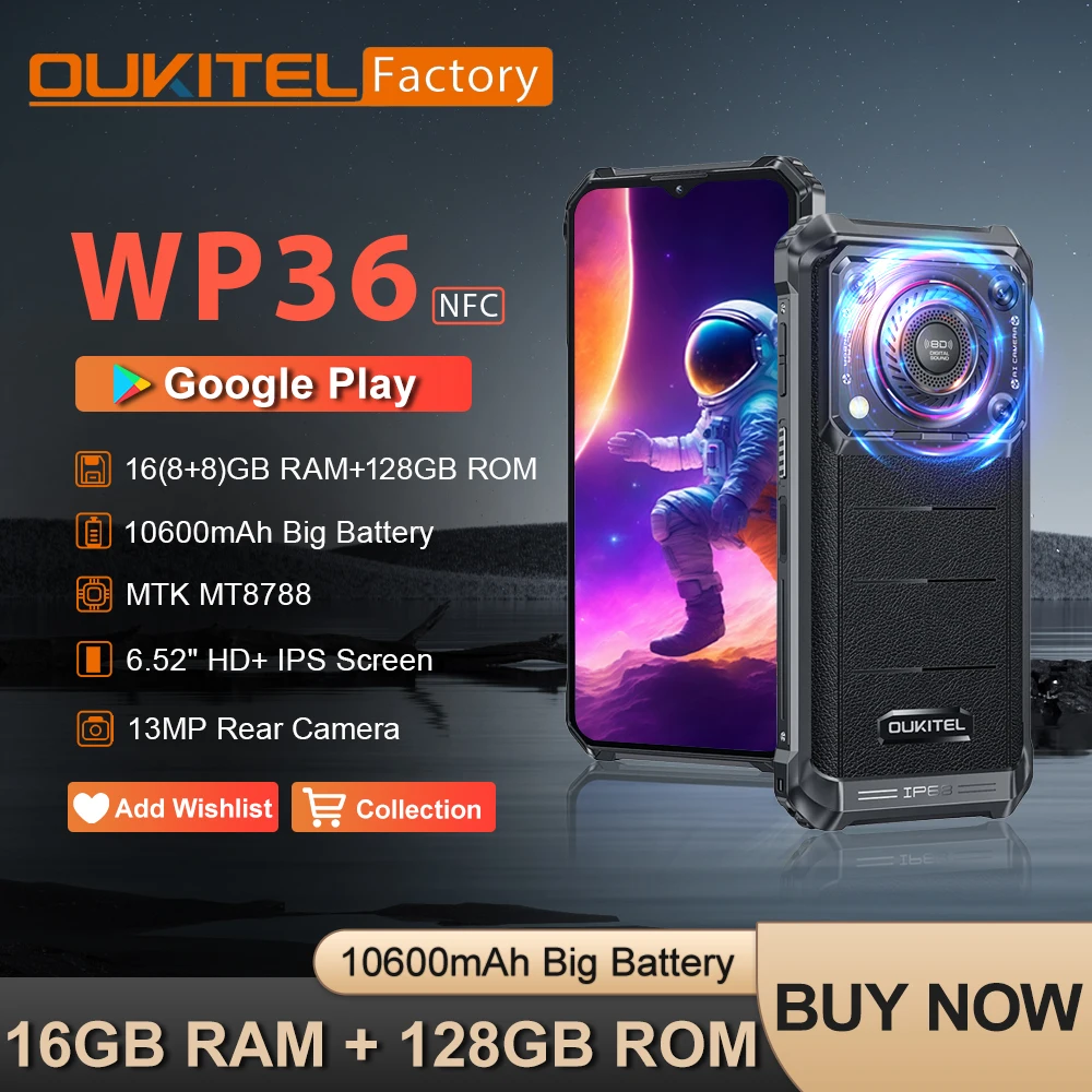 Oukitel WP36 Rugged Smartphone  16GB 128GB Mobile Phone Android 13 13MP Camera 10600mAh 6.52