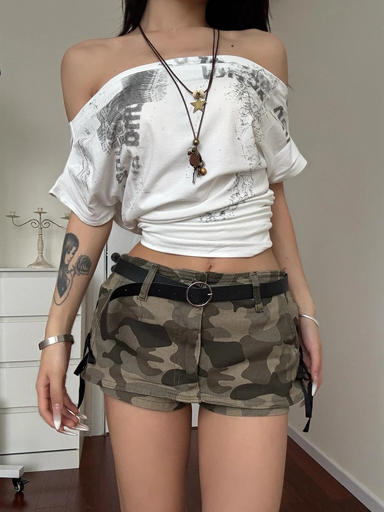 Summer Camouflage Y2k A-line Low Waist Cargo Skirt Women Fashion American Style Vintage Lace-up Hip Hugging Skirt Pants