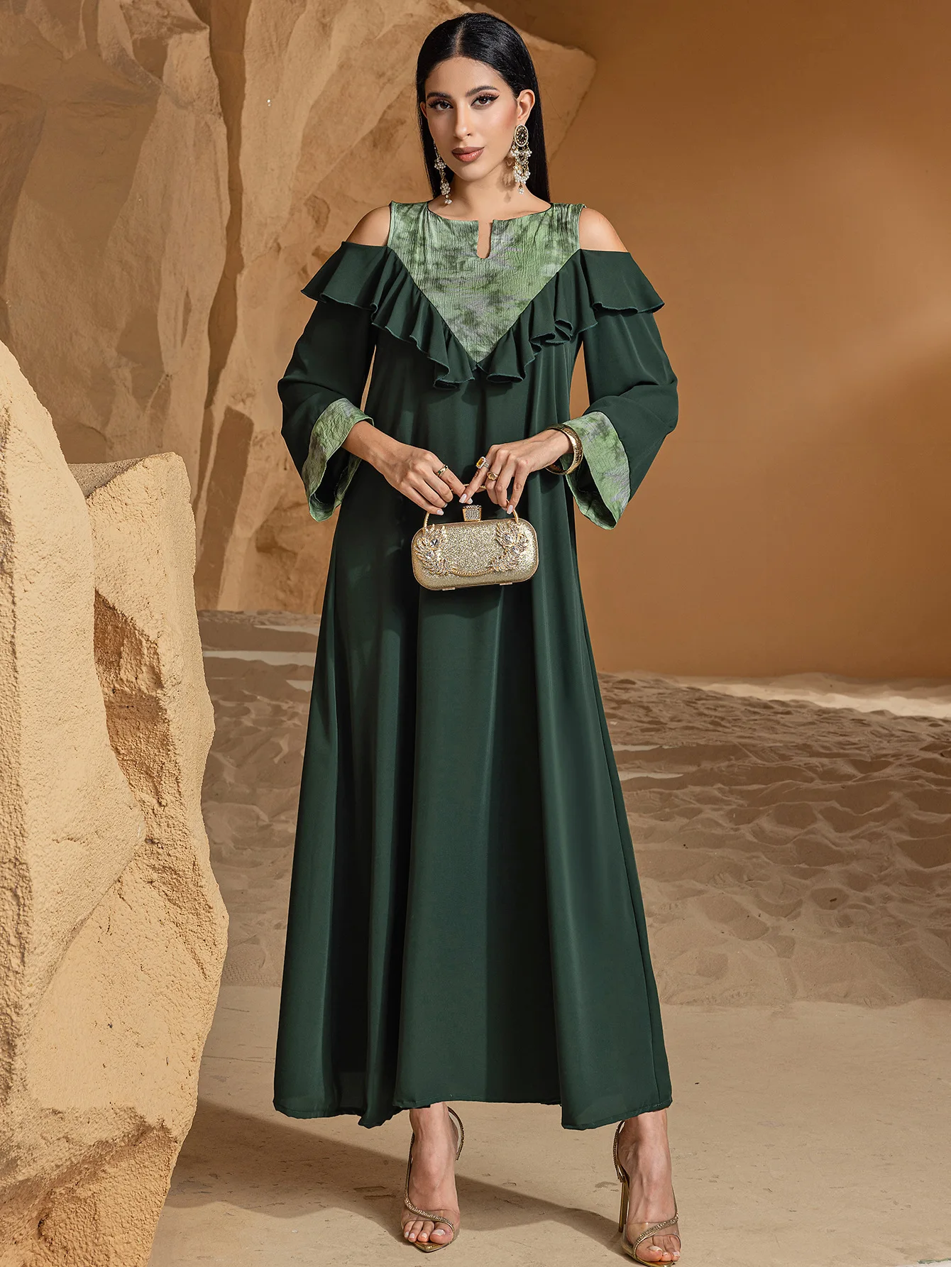 

Fashion Women Ruffles Long Dress Muslim Abaya Eid Ramadan Dubai Kaftan Turkey Robe Femme Musulmane Vestidos Morocco Caftan Gown