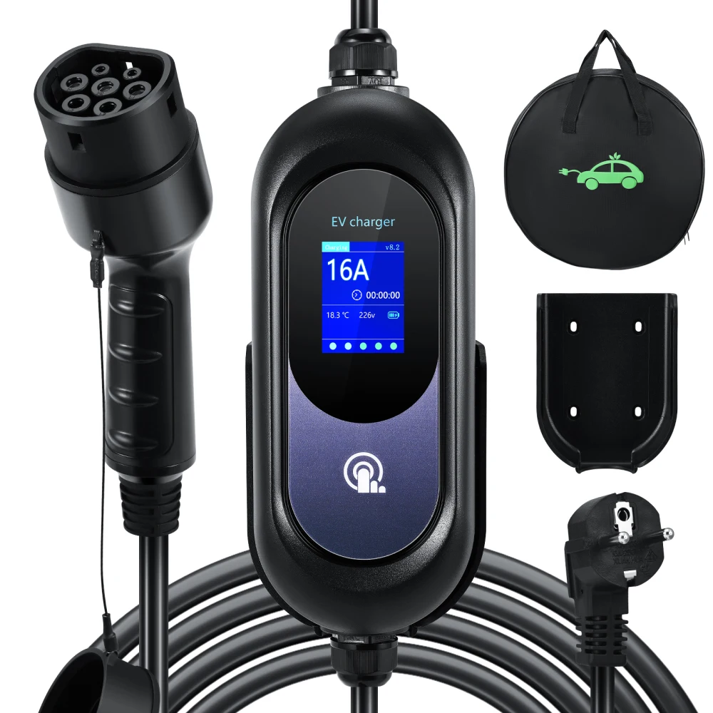 6MType 2 electric car charger, switchable current, electric vehicle charger, charging cable with bag, with display 8-16A 3.6KW