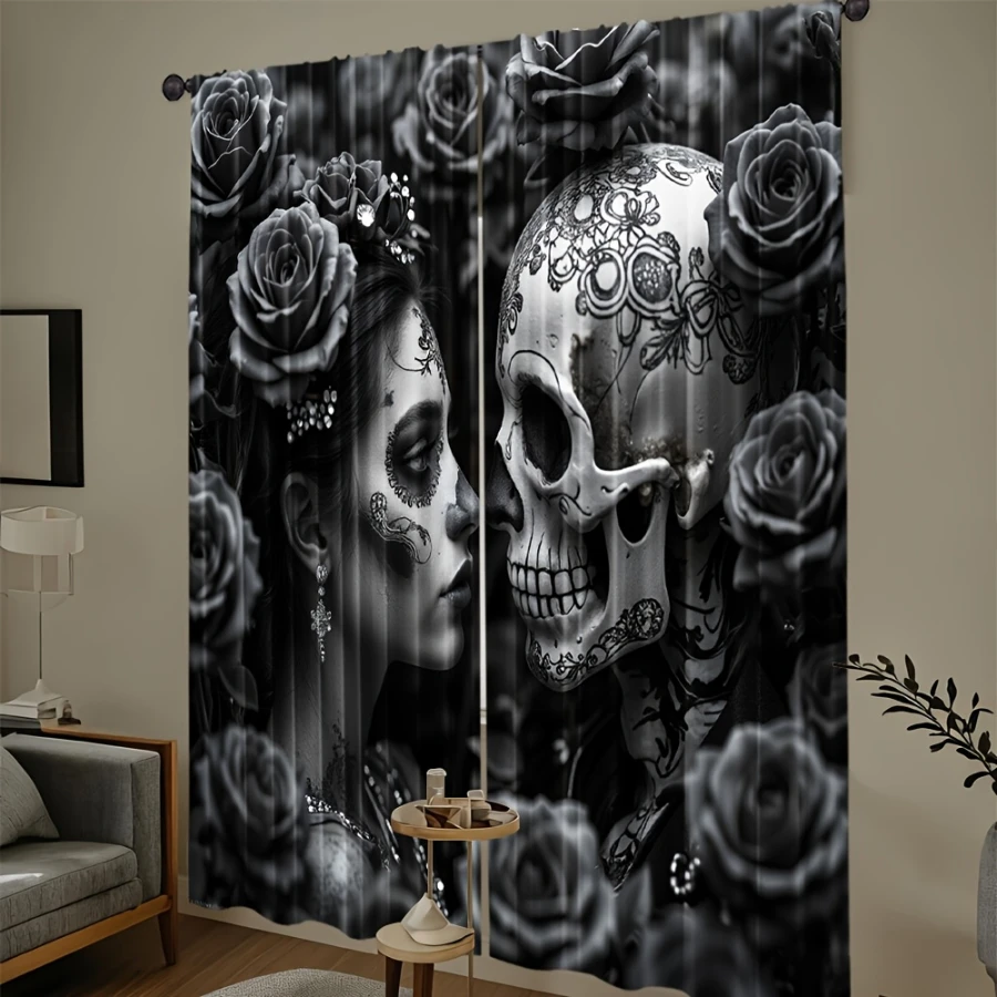 2PCS Digital Printed Curtains, Black White Day of Dead Skull Woman Roses, Gothic Mexican Skeleton Art Window Decor Bedroom