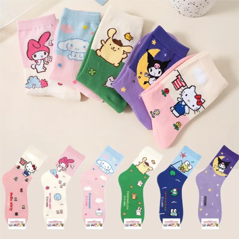 Cartoon Sanrio Hello Kitty Women's Socks My Melody Cute girl Mid-tube Cotton socks Kawaii Student Sock Girl Kids Christmas Gift