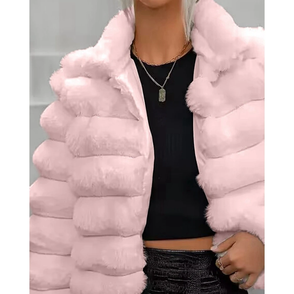 Women Winter Elegant Imitation Fur Jackets Fashion Femme Solid Color Stand Neck Fluffy Coats Easy Matching Sweet Prom Outwear